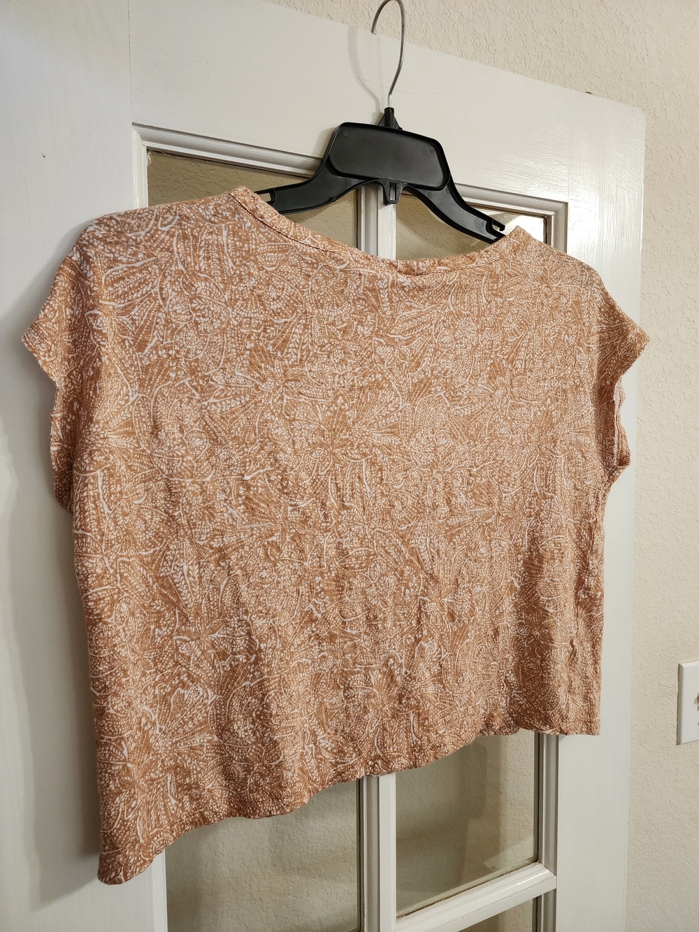 Nicole Miller Linen Top L Peachy Tan Floral Boxy Crop Cap Sleeve - Picture 4 of 10